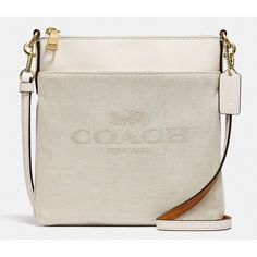 Nwt Coach Kitt Messenger Signature Jacquard Leather Crossbody Bag - Chalk / Gold Bag Is Brand New With Tags Attached And Comes From A Smoke Free And A Pet Free Home. Coach Kitt Messenger Crossbody * 7 3/4" (L) X 8 1/4" (H) X 1" (W) * Zip Top Closure * Gold-Tone Hardware * 23" Detachable Drop * Outside Open Pocket * Inside Open Pocket, Fabric Lining * Style: 41321 White Leather Trim Crossbody Shoulder Bag, Coach Canvas Bag With Leather Trim, Elegant Leather Trim Pouch Bag, Cream Crossbody Bag With Leather Trim, Cream Leather Trim Crossbody Bag, Saddle Bags Horse, Coach Saddle Bag, 90s Bag, Coach Crossbody Purse