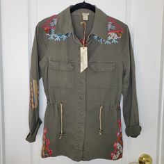 Gimmicks By Bke Army Green Embroidered Jacket With Crochet Back Brand New With Tags!! Size: Xs Lightweight Jacket/Over Shirt With Snap Closure, Embroidered Details, Elbow Patches, And Multicolored Sweater Back. Rope Drawstring For Cinching. Flat Lay Measurements: Shoulder: 16" Chest: 19" Length: 26" Casual Embroidered Outerwear, Fall Embroidered Button-up Top, Casual Embroidered Long Sleeve Outerwear, Fall Multicolor Embroidered Button-up Top, Casual Long Sleeve Embroidered Outerwear, Multicolor Embroidery Long Sleeve Fall Outerwear, Multicolor Embroidery Long Sleeve Outerwear For Fall, Multicolor Embroidered Long Sleeve Outerwear For Fall, Casual Embroidered Fall Outerwear