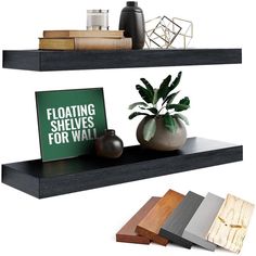 two floating shelves with plants and books on them