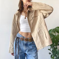 Vintage Y2K 00's 2000's Unisex Oversized Neutral Earth Tone Cream Classic Zip Up Suede Light Leather Jacket Size L/XL condition: 9/10 - some typical signs of wear of a vintage leather size: L/XL model is size UK8/EU36/S and is 173 cm tall (5.7ft) the item is preloved/vintage so some signs of natural wear and age might appear. this item hasn't been washed by us, might need a dry clean! we ship from Poland! ✨ Oversized Y2k Outerwear For Fall, Y2k Long Sleeve Outerwear With Pockets, Earth Tones, Vintage Leather, Zip Up, Vintage Y2k, Zip Ups, Bathing Beauties, Jackets & Coats