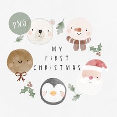 some cute animals are in the middle of a christmas card with words that read,'my first christmas '