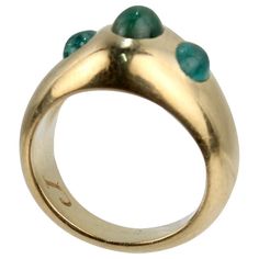 A very fine Gübelin 18k gold & emerald cabochon ring. With three smooth oval emerald cabochons bezel set in a regal, signet style 18k gold thick band ring. A wonderful ring from one of the world's finest jewelers! Date: 20th Century Overall Condition: It is in overall good, as-pictured, used estate condition with some very light roughness & surface scratches to the tops of the emeralds, and other signs of expected light wear consistent with age. Fineness: Marked 750 for 18k gold fineness. Marks: Emerald Three Stone Ring, Three Stone Ring Settings, Thick Band Ring, Gold And Emerald, Emerald Cabochon, Gold Amethyst Ring, Emerald Ring Gold, Cabochon Ring, Three Stone Engagement