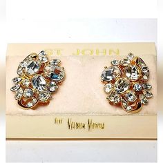 Vintage St John / Neiman Marcus Gold Toned Swarovski Crystal Clip On Earrings St. John For Neiman Marcus 100% Authentic Vintage 1990's 24k Gold Plated Brass Austrian Swarovski Crystal Cluster Clip On Style 1" X 7/8" New Old Stock With Tags And Original Packaging Card. Glamorous Jeweled Clip-on Earrings For Formal Events, Formal Crystal Earrings Jeweled, Jeweled Crystal Earrings For Formal Occasions, Formal Jeweled Crystal Earrings, Evening Jeweled Crystal Bridal Earrings, Evening Bridal Jeweled Crystal Earrings, Evening Bridal Crystal Earrings, Elegant Jeweled Clip-on Earrings For Formal Occasions, Elegant Jeweled Clip-on Earrings For Formal Events