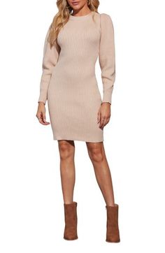 Cozy and figure-hugging, this versatile ribbed sweater-dress framed by puffed long sleeves is a perfect addition to your capsule wardrobe. Slips on over head Crewneck Long sleeves 50% rayon, 26% polyester, 24% rayon Hand wash, dry flat Imported Spring Bodycon Turtleneck Sweater Dress, Spring Turtleneck Bodycon Sweater Dress, Beige Bodycon Sweater Dress For Winter, Bodycon Knit Sweater Dress With Long Sleeves, Beige Long Sleeve Winter Bodycon Dress, Knit Bodycon Long Sleeve Sweater Dress, Winter Beige Long Sleeve Bodycon Dress, Knit Bodycon Sweater Dress With Long Sleeves, Beige Long Sleeve Ribbed Sweater Dress