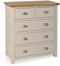 a white chest of drawers with wooden top and metal knobs on the bottom drawer