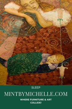 a painting of two children sleeping on top of a bed with the words sleep, where furniture art collides