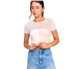 color block mesh crop top White Mesh Stretch Crop Top, Casual Cropped Mesh Top, Casual Mesh Short Sleeve Crop Top, Casual Spring Mesh Crop Top, Casual Mesh Crop Top For Spring, Trendy Mesh Crop Top, Trendy Summer Mesh Top, White Fitted Mesh Crop Top, Casual Sheer Mesh Crop Top