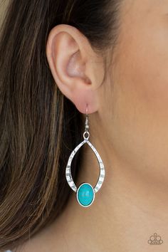 Chiseled into a tranquil oval, a refreshing turquoise stone is pressed into the bottom of a hammered silver teardrop frame for a southern inspired style. Earring attaches to a standard fishhook fitting.

 Sold as one pair of earrings. Valentines Necklace, Paparazzi Accessories, Paparazzi Jewelry, Pink Bracelet, Hammered Silver, Blue Bracelet, Blue Earrings, Turquoise Earrings, Boutique Jewelry