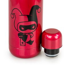 a red metal bottle with a cartoon character on the side and a black knob in front