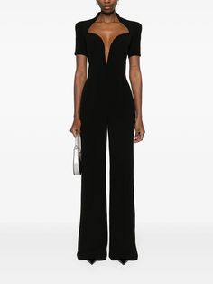 Balmain plunge-style Crepe Jumpsuit - Farfetch Dior Jumpsuit, Balmain Outfits Women, Crepe Jumpsuit, Jumpsuit Outfit, Versace Outfit, City Dress, Long Jumpsuits, Dolce E Gabbana, Summer Beach Wear