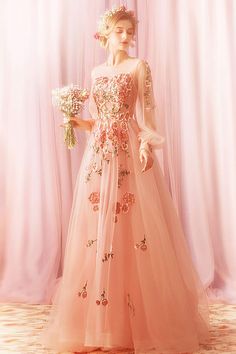 Pink Fitted Gown With Floral Embroidery, Fitted Pink Gown With Floral Embroidery, Fitted Long Sleeve Gown With Floral Applique, Long Sleeve Embroidered Gown For Spring, Long Sleeve Floral Applique Prom Dress, Long Sleeve Gown With Floral Embroidery For Banquets, Floral Applique Long Sleeve Wedding Dress, Long Sleeve Embroidered Prom Dress, Long Sleeve Wedding Dress With Floral Applique