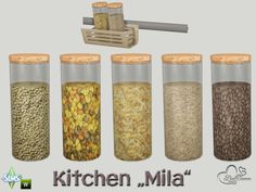 the kitchen is filled with different types of food in glass containers and under each container are an automatic spice dispenser