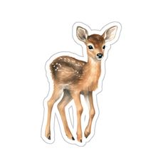 a small deer sticker with white spots on it's face and head, standing in