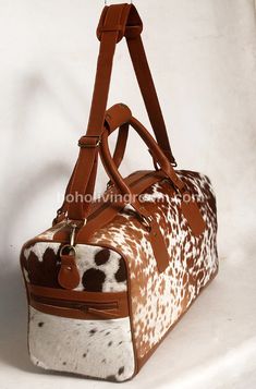 Cowhide Travel Bag Speckled Brown White – Boho Living Room Pretty Luggage, Western Bags Purses, Western Bag, Cowhide Print, Cowgirl Accessories, Leather Duffel Bag, Leather Duffel, Cowhide Bag, Weekend Travel Bags