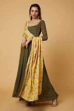 Mehendi green long sleeves flared anarkali with zardozi bloom embroidery on the neckline. Paired with a legging and a yellow floral garden printed dupatta with kiran lace border detailing. - Aza Fashions Green Georgette Churidar Maxi Length, Anarkali Green Georgette Churidar, Green Georgette Maxi Length Churidar, Pista Green Anarkali Kurta With Long Sleeves, Green Anarkali Dress With Long Sleeves, Transitional Season Green Salwar Kameez In Maxi Length, Green Long Sleeve Anarkali Dress, Green Anarkali Dupatta For Transitional Season, Green Churidar With Resham Embroidery And Long Sleeves