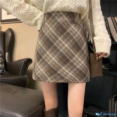 Orcajump - Vintage High-Waisted Plaid Bodycon Skirt with Short Length and Warmth for Women Casual High Waist Mini Skirt For Winter, High Waist Beige Skirt For Winter, Beige Casual Mini Skirt For Winter, Casual Pencil Mini Skirt For Winter, Casual Winter Pencil Mini Skirt, Winter Casual Pencil Mini Skirt, Wrap Around Skirt, Bodycon Skirt, Body Con Skirt