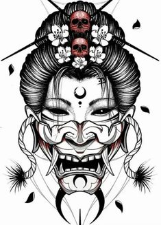 a drawing of a woman's face with skulls on her head and two swords in the background