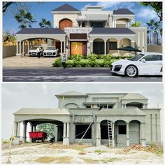 two pictures side by side one has a car and the other has a house under construction