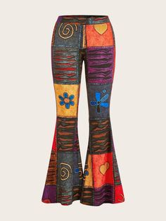 Orange Casual Collar  Knitted Fabric Heart,Patchwork Flare Leg Embellished Slight Stretch  Women Clothing Earthy Clothes, Heart Patchwork, Hippie Shoes, Colorblock Pants, Punk Grunge, Fabric Heart, Patchwork Print, Jeans Diy, Flare Leg Pants