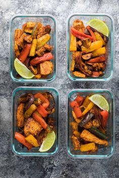 four glass containers filled with chicken and veggies next to lime wedges on a gray surface