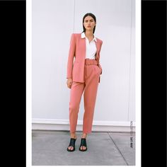 Zara Lapelles Blazer Pink Color Simply Beautiful Feminine Semi-formal Spring Blazer, Chic Tailored Pantsuit With Lapel Collar, Chic Long Sleeve Pantsuit For Business Casual, Chic Long Sleeve Pantsuit For Work, Elegant Structured Spring Pantsuit, Semi-formal Structured Spring Pantsuit, Semi-formal Spring Structured Pantsuit, Spring Semi-formal Structured Pantsuit, Classic Spring Workwear Pantsuit