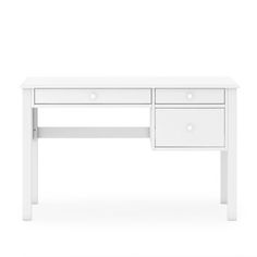 a white desk with two drawers and one drawer on the top, in front of a white background