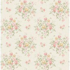 an old fashioned wallpaper with pink and yellow flowers on white background, including green leaves