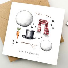 a card with an image of a hat, scarf and carrots on it that says diy snowman