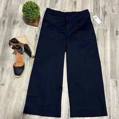 Wide Leg Chino Pants By Ralph Lauren Color Navy Blue Cut In A Wide-Leg, Cropped Silhouette, Lightweight Stretch-Cotton Twill Waist From Side To Side 16” Rise12” Leg 23.5”(Inseam) Hips 19.5” Summer Workwear Pants With Cropped Leg, Blue Cropped Wide Leg Cotton Pants, Summer Workwear Cropped Leg Pants, Workwear Ankle-length Cotton Capris, Navy Straight Leg Pants For Spring, Cotton Cropped Leg Capris For Work, Cotton Workwear Capris With Cropped Legs, Navy Pants For Business Casual In Spring, Stretch Wide Leg Capris For Work