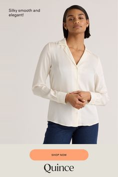 Take your collared look up a notch. We made this notch collar blouse with a relaxed, slim fit with a clean and crisp look for an everyday appeal. Perfectly made to be layered or worn solo. Plus, silk fiber contains 18 kinds of amino acids that make it amazing for skin nourishment, hypo-allergenic, and naturally thermoregulating to help maintain body temperature. Also offered in sizes 1X-3X.  | Quince | Women's 100% Washable Silk Stretch Notch Collar Blouse in Ivory, Size Medium Silk Fiber, Notch Collar, Body Temperature, Collar Blouse, Notched Collar, Quince, Amino Acids, Silk Blouse, Slim Fit