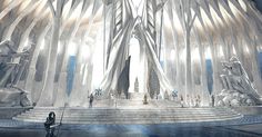 an artist's rendering of the interior of a futuristic building with columns and statues