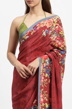 Red saree with printed rose bloom and garden motifs. Comes with running blouse piece. - Aza Fashions Georgette Pre-draped Saree With Floral Print, Festive Red Saree With Floral Print, Festive Red Floral Print Saree, Red Silk Saree With Floral Print, Printed Saree For Navratri, Traditional Printed Pre-draped Saree, Red Floral Print Saree For Wedding, Red Pre-draped Saree With Printed Motifs, Silk Pre-draped Printed Saree