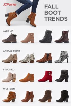 It’s all in the details with women’s boots this fall. From animal-print booties to combat boots, they are the easiest way to give your look some extra kick. Or throw on some western boots with your favorite jeans for a casual look. Types Of Boots For Women, Fashion Boots For Women Style, Trendy Boots For Women Casual, Foot Wear For Women, Trendy Boots For Women, Western Clothes For Women, Trending Shoes For Men, Gents Shoes, Woman Boots