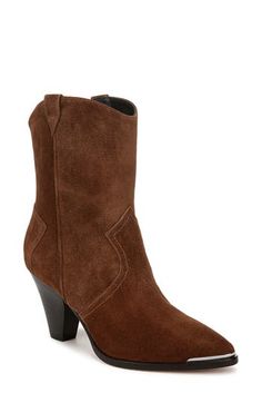 Side pull-tabs and a curved topline add Western-inspired elements to a supple suede boot balanced by a pointy toe and tapered block heel. 3" heel 5 1/2" shaft Pull-on style Leather upper, lining and sole Imported Western Boots Women, Western Boot, Veronica Beard, Anniversary Sale, Suede Boots, Stacked Heel, Western Boots, Boot Shoes Women, Bootie