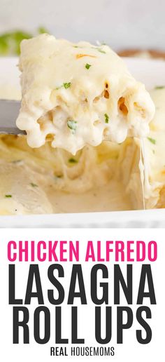 chicken alfredo lasagna roll ups on a white plate with a fork in it