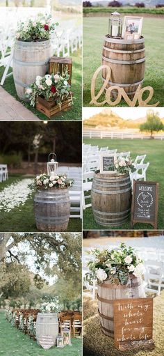 the wedding ceremony is set up in an old barrel