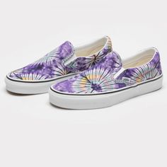 Vans New Age Purple Tie Dye Classic Slip Ons Womens Size: 7 Mens Size: 5.5 Brand New No Box Smoke Free Vans Cushioned Sneakers For Summer, Vans Sneakers With Cushioned Footbed For Summer, Vans Slip-ons With Round Toe For Spring, Tie Dye Vans, Vans Authentic Shoes, Purple Vans, Pink Vans, Pink Running Shoes, Black And White Sneakers