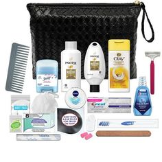 The Convenience Kits 20 Piece Women's Kit contains: Pantene Shampoo 1.7 oz., Pantene Conditioner 1.7 oz., Shower Comb, Face and Body Care: Olay Body Wash 3 oz., Shower Pouf, Secret A/P Deodorant 0.5 oz., Nivea Soft Moisturizing Creme .84 oz., Facial Wipes 8 ct., Pure Silk Pivot Twin Disposable Razor 1 ct., Oral Care: Crest Toothpaste .85 Oz., Toothbrush, Toothbrush Cover, Crest Pro Health Rinse Mouthwash 1.2 oz., Accessories: Nail File Board, Tampax Tampon 1 ct., Vanity Pack (cotton swabs/cotton Sunrise Room, Kid Travel Kit, Crest Toothpaste, Perfect Travel Bag, Travel Size Toiletries, Best Travel Accessories, Facial Wipes, Survival Kits, Dove Men Care