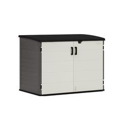 a white and black storage cabinet with doors