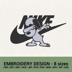 the nike logo is shown in black and white, with an image of a dog holding a