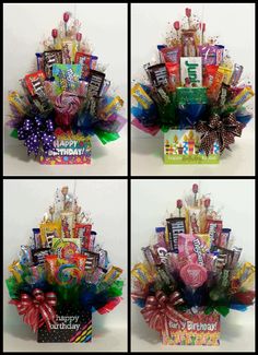 four pictures of different birthday baskets with candy and candies in them, all decorated