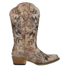 The Riley Aztec boot features a vintage tan faux leather and Aztec embroidery on vamp and shaft. Size: 8.  Color: Brown.  Gender: female.  Age Group: adult.  Pattern: embroidered. Aztec Boots, Aztec Embroidery, Cowboy Casual, Cowboy Ankle Boots, Tan Shoes, Western Boots Women, Leather Cowboy Boots, Cowboy Boots Women, Western Cowboy Boots