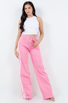 Step up your denim game with our Striped Wide Leg Jean in Pink! These stylish pants feature a high rise fit, front and back pockets, and a front button and zipper closure. But the real standout? The unique hand-painted vintage stripes on the sides, made right here in the USA. Plus, made with soft stretch premium fabrics for comfort with every wear. Style: high rise Silhouette: wide leg Embellishment: side stripe Length: full length Closure: zipper, button Made In: USAFabric Contents: 98% Cotton,