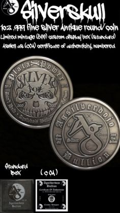 two silver coins with the words giverstul on them and an image of a skull