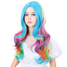 PRICES MAY VARY. 1.Color:Rainbow.(Tip: Slightly color difference between different monitors). 2.Length:56cm/ 22inches. (Tip:Measured From "Crown to End"). 3.Hair Material:Heat-resistant synthetic fiber, restyle the wig below 130 degree centigrade. Density-150%, very close to your own hair, super soft and comfortable. 4.Adjustable Cap:Average size-20 inches, the size could be adjusted to 19"-21".Two adjustment straps inside the wig, which can be intertwined to a fixed position to fit most head size. 5.Easy to Wear:Shake the wig and wear it,style it with your finger or a comb and hair spray. You can wear it in seconds, saving you more time. 6.Many Uses and Occasion:You can wear it to wherever you want to go, go to work in the company, go out on holidays, and go to wedding parties. It is the Rainbow Wig, Color Rainbow, Hair Spray, Middle Parts, Rainbow Kids, Wedding Parties, Hair Cream, Hair Sticks, Curly Wigs