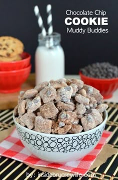 chocolate chip cookie muddy buddies in a bowl next to milk and cookies on a table