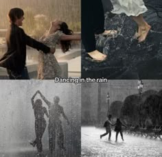 two people are dancing in the rain and one is holding an umbrella