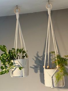 two hanging planters with plants in them, one is white and the other is green