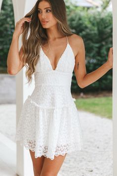 Shop the Belize Flounce Hem Mini Dress White | Selfie Leslie Yellow Bridesmaid Dresses, Yellow Bridesmaids, Mini Dress White, Veil Hairstyles, Grad Dresses, Lace Bodycon Dress, Iron Material, White Heels, Date Night Dresses