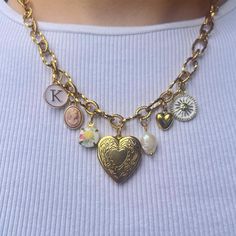 Love Locket Charm Necklace  7 charms  18 in chain Cheap Charm Choker Necklaces With Delicate Chain, Trendy Heart Charm Pendant Necklace, Personalized Dangle Chain Necklace Gift, Dangling Charms Chain Necklace As A Gift, Dangling Charms Chain Necklace Gift, Trendy Vintage Charm Necklaces As Gift, Trendy Vintage Charm Necklace As Gift, Trendy Vintage Charm Necklace For Gifts, Heart-shaped Metal Chain Necklace With Charms